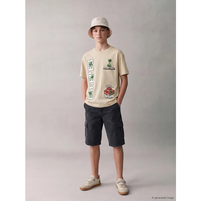 LCW Kids Bej Bisiklet Yaka Minecraft Baskılı Erkek Çocuk Tişört
