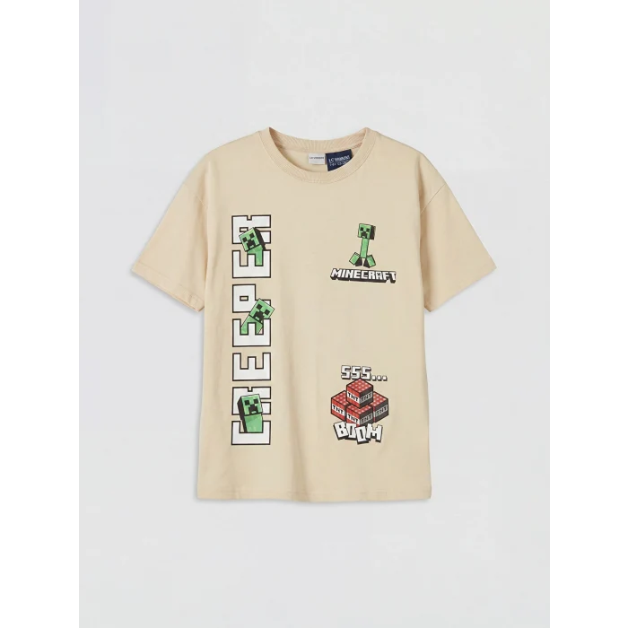 LCW Kids Bej Bisiklet Yaka Minecraft Baskılı Erkek Çocuk Tişört