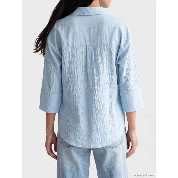 LCW EVERYDAY Mavi Çizgili Oversize Armürlü Kadın Gömlek