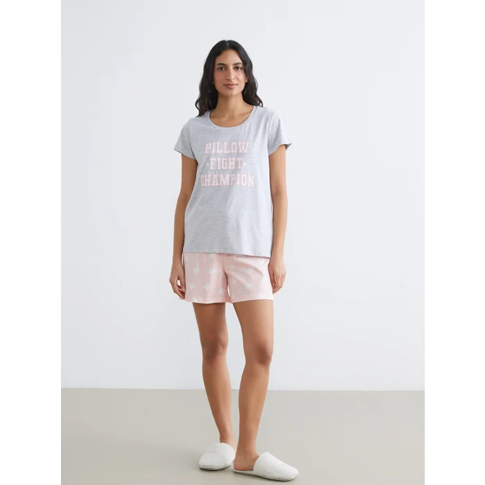 LCW DREAM Pembe Bisiklet Yaka Baskılı Kadın Şortlu Pijama Takımı