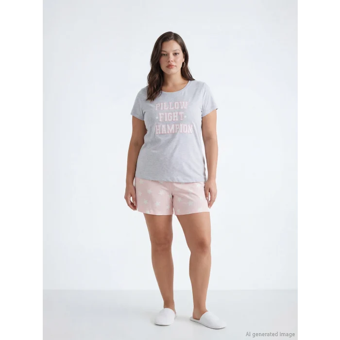 LCW DREAM Pembe Bisiklet Yaka Baskılı Kadın Şortlu Pijama Takımı
