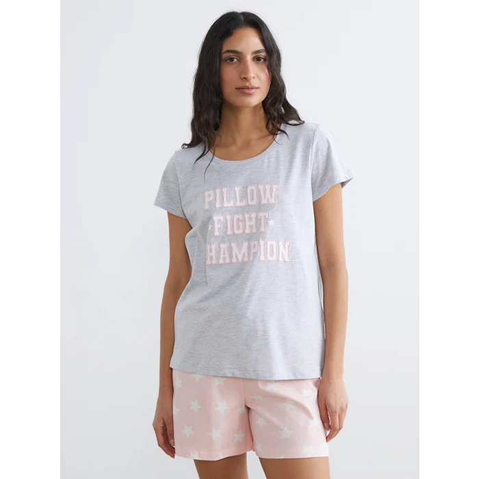 LCW DREAM Pembe Bisiklet Yaka Baskılı Kadın Şortlu Pijama Takımı