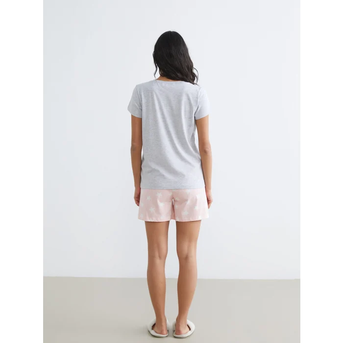 LCW DREAM Pembe Bisiklet Yaka Baskılı Kadın Şortlu Pijama Takımı