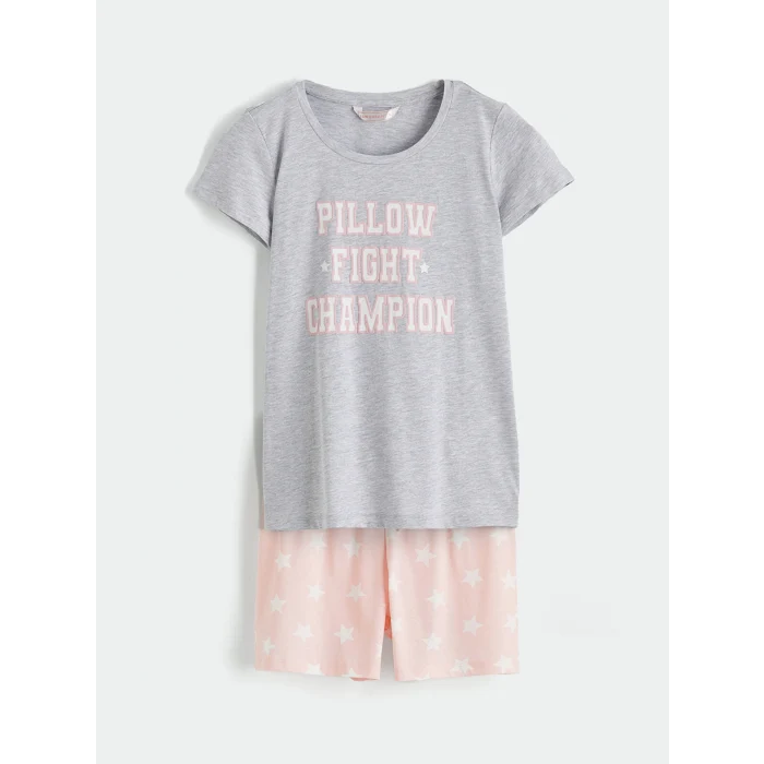 LCW DREAM Pembe Bisiklet Yaka Baskılı Kadın Şortlu Pijama Takımı