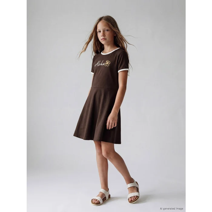 LCW Kids Kahverengi Bisiklet Yaka Baskılı Kız Çocuk Elbise