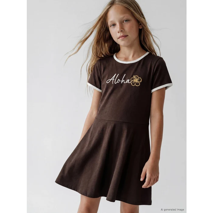 LCW Kids Kahverengi Bisiklet Yaka Baskılı Kız Çocuk Elbise