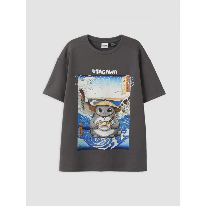 LCW Kids Gri Loose Fit Baskılı Kız Çocuk Tişört