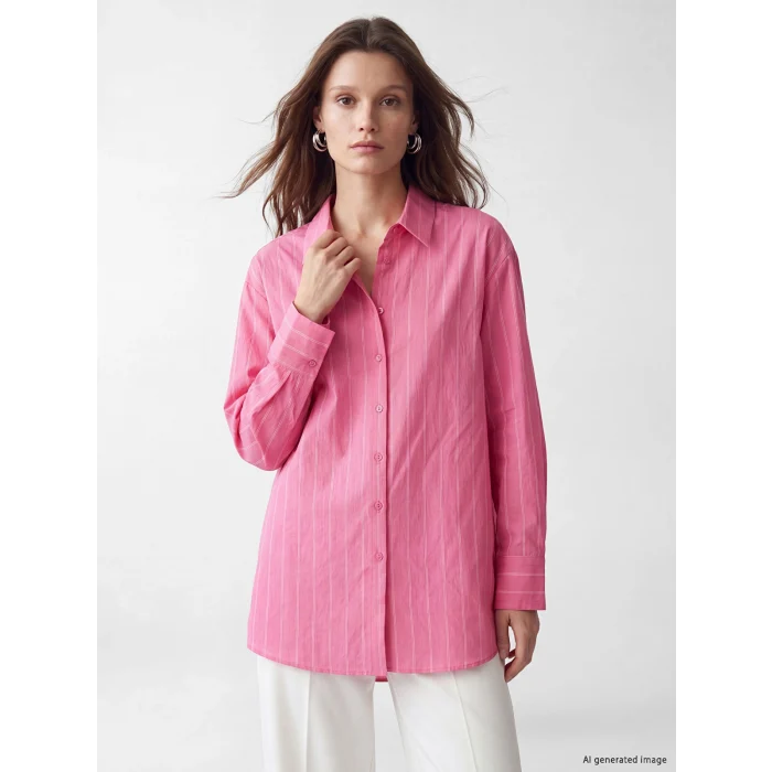 LCW Modest Pembe Çizgili Oversize Kadın Gömlek Tunik
