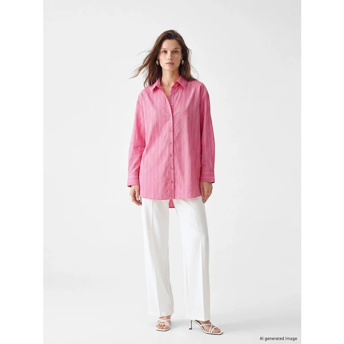 LCW Modest Pembe Çizgili Oversize Kadın Gömlek Tunik