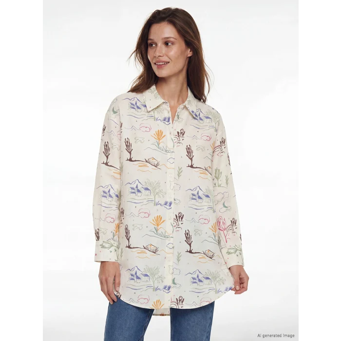LCW Modest Ekru Desenli Oversize Kadın Gömlek Tunik