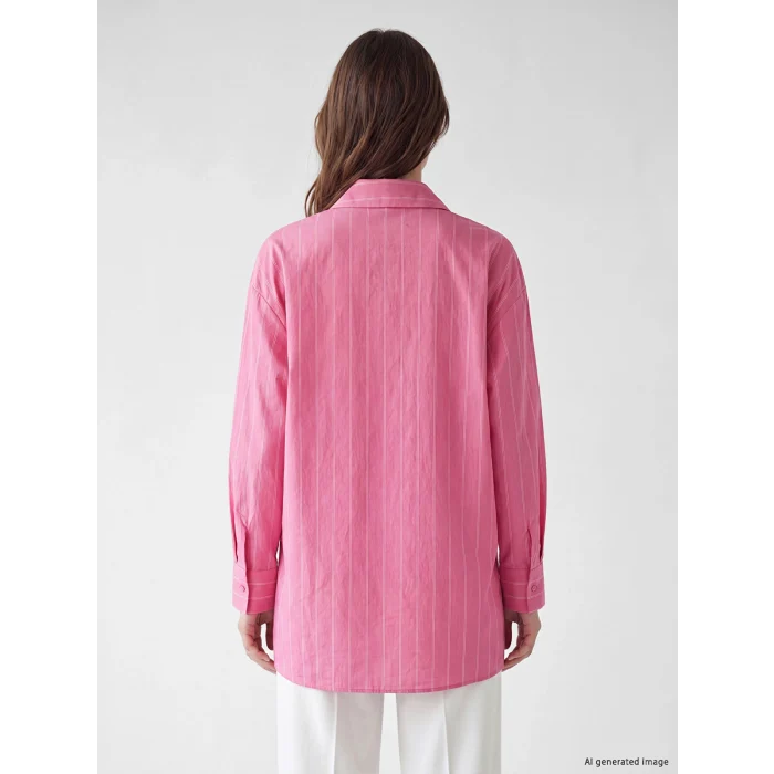 LCW Modest Pembe Çizgili Oversize Kadın Gömlek Tunik