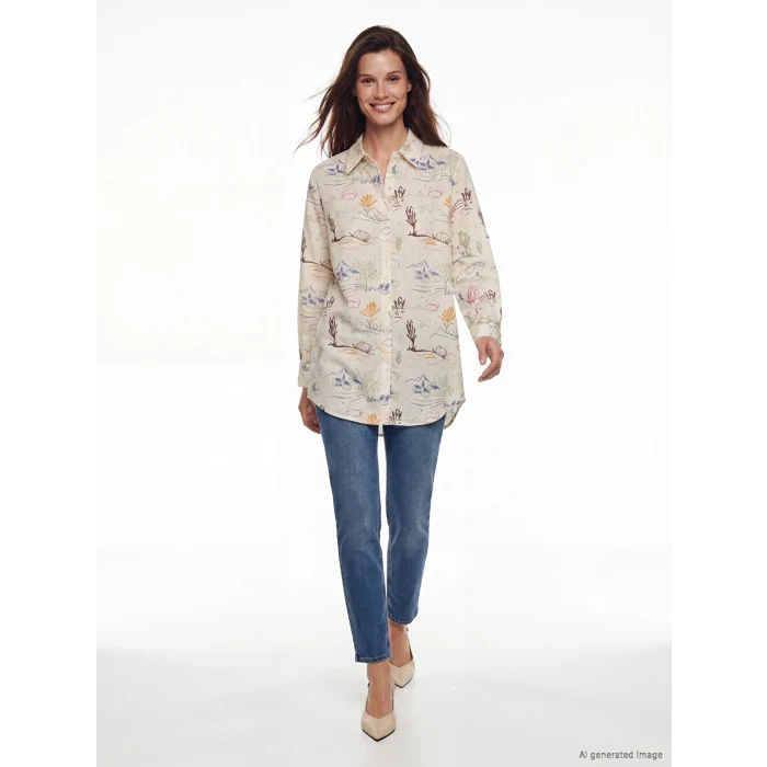 LCW Modest Ekru Desenli Oversize Kadın Gömlek Tunik
