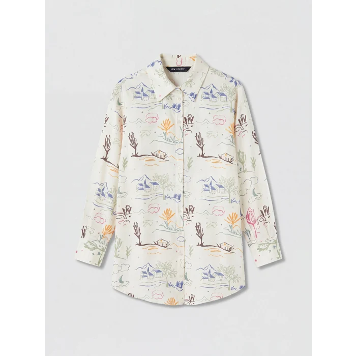LCW Modest Ekru Desenli Oversize Kadın Gömlek Tunik