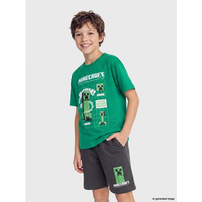 LCW Kids Yeşil Bisiklet Yaka Minecraft Baskılı Erkek Çocuk Tişört