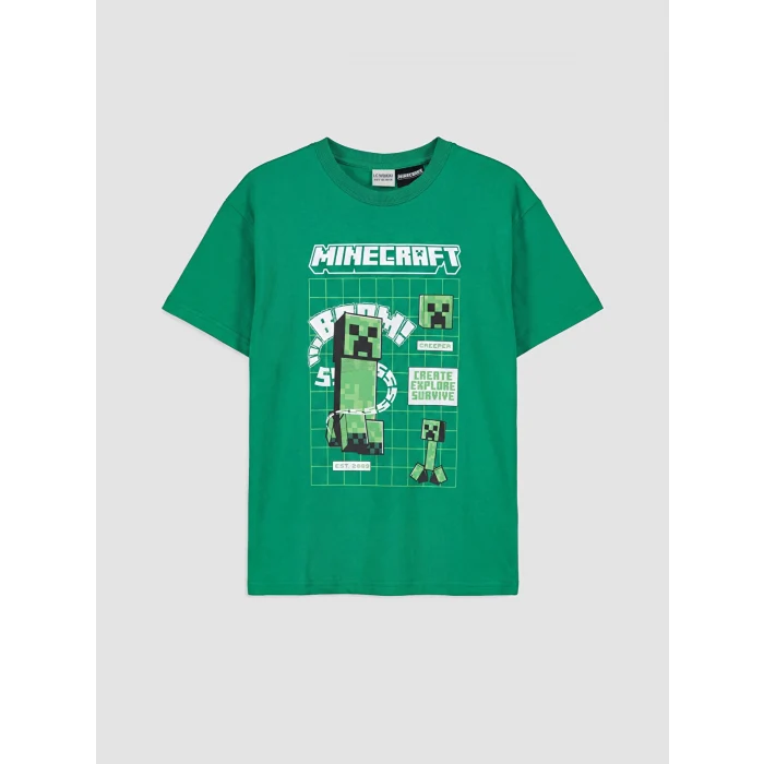 LCW Kids Yeşil Bisiklet Yaka Minecraft Baskılı Erkek Çocuk Tişört