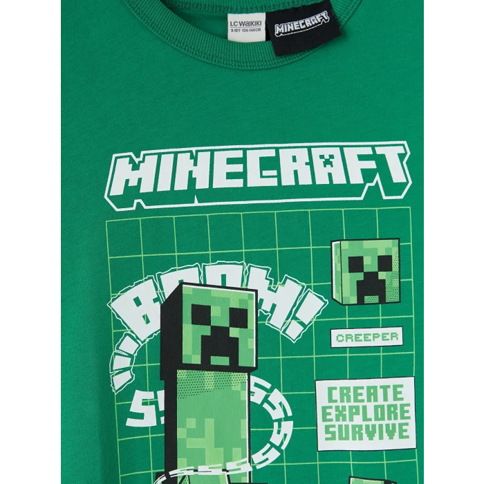 LCW Kids Yeşil Bisiklet Yaka Minecraft Baskılı Erkek Çocuk Tişört