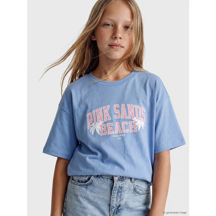 LCW Kids Mavi Baskılı Kız Çocuk Tişört