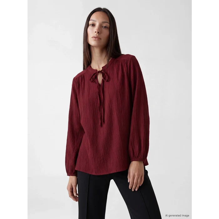 LCW EVERYDAY Bordo Bağlamalı Yaka Büzgülü Dokulu Bluz