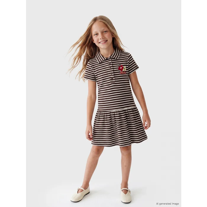 LCW Kids Kahverengi Polo Yaka Çizgili Kız Çocuk Elbise