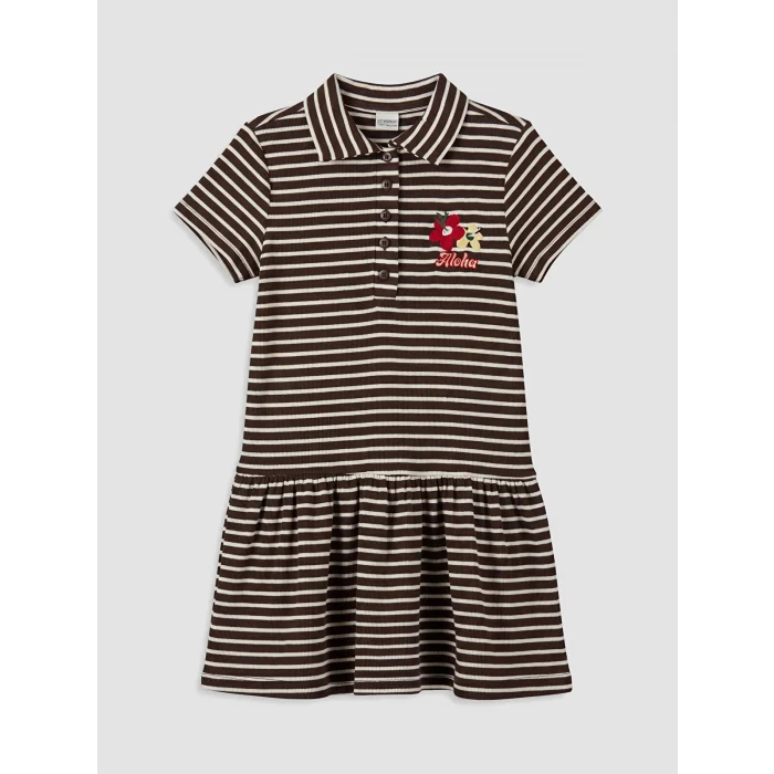LCW Kids Kahverengi Polo Yaka Çizgili Kız Çocuk Elbise