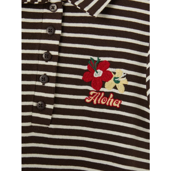 LCW Kids Kahverengi Polo Yaka Çizgili Kız Çocuk Elbise