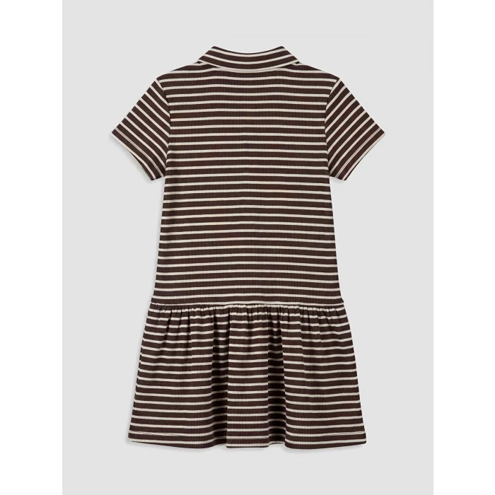 LCW Kids Kahverengi Polo Yaka Çizgili Kız Çocuk Elbise