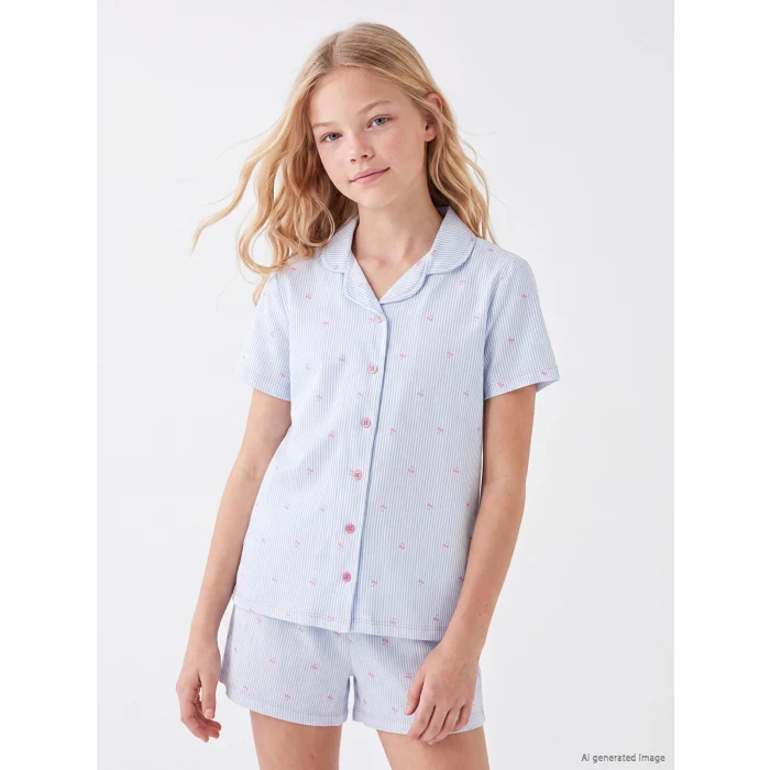LCW Kids Ekru Gömlek Yaka Kız Çocuk Şortlu Pijama Takımı