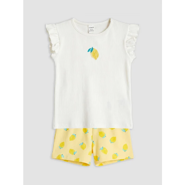 LCW Kids Ekru Limon Baskılı Kız Çocuk Takım