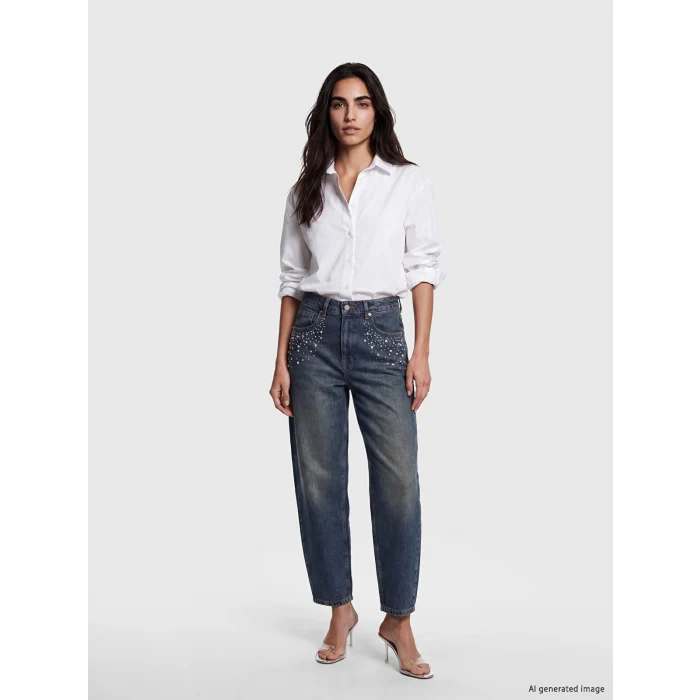 LCW Jeans İndigo Barrel Fit Taşlı Kadın Jean Pantolon