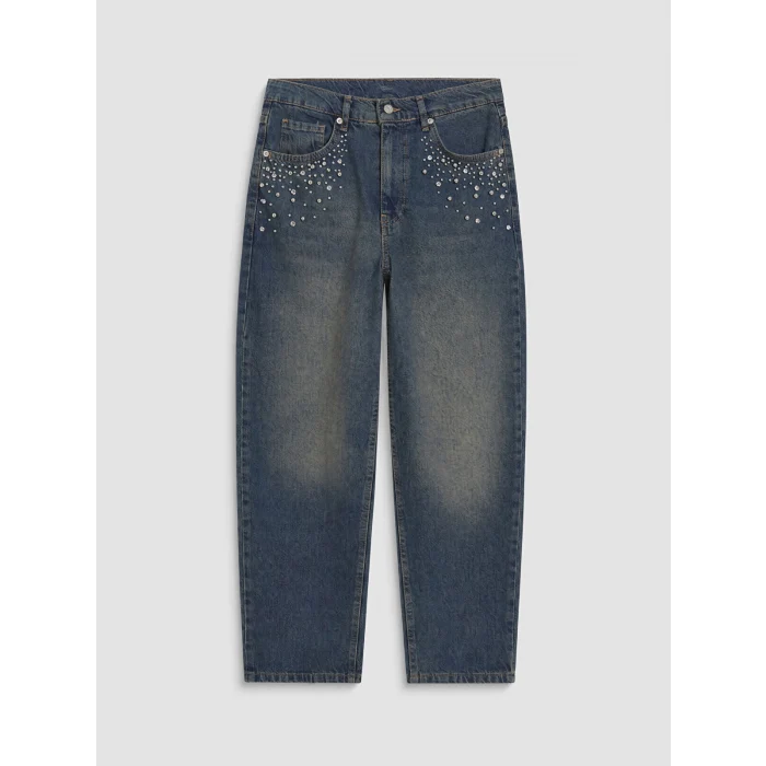 LCW Jeans İndigo Barrel Fit Taşlı Kadın Jean Pantolon