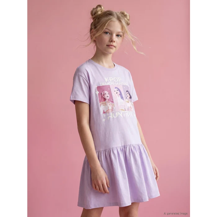LCW Kids Lila K-pop Demon Hunters Baskılı Kız Çocuk Elbise