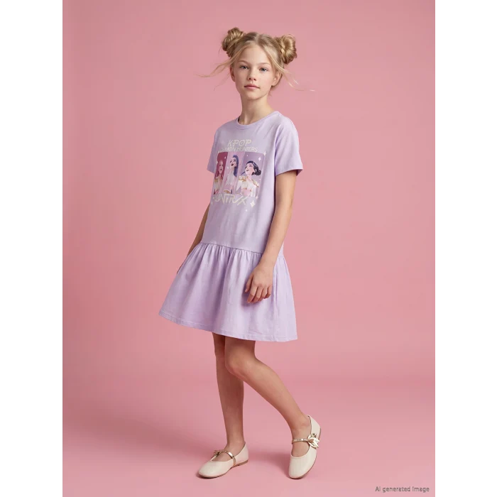 LCW Kids Lila K-pop Demon Hunters Baskılı Kız Çocuk Elbise