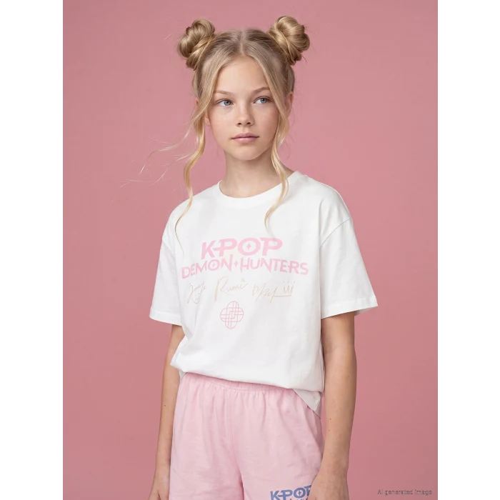 LCW Kids Beyaz K-Pop Demon Hunters Baskılı Kız Çocuk Tişört