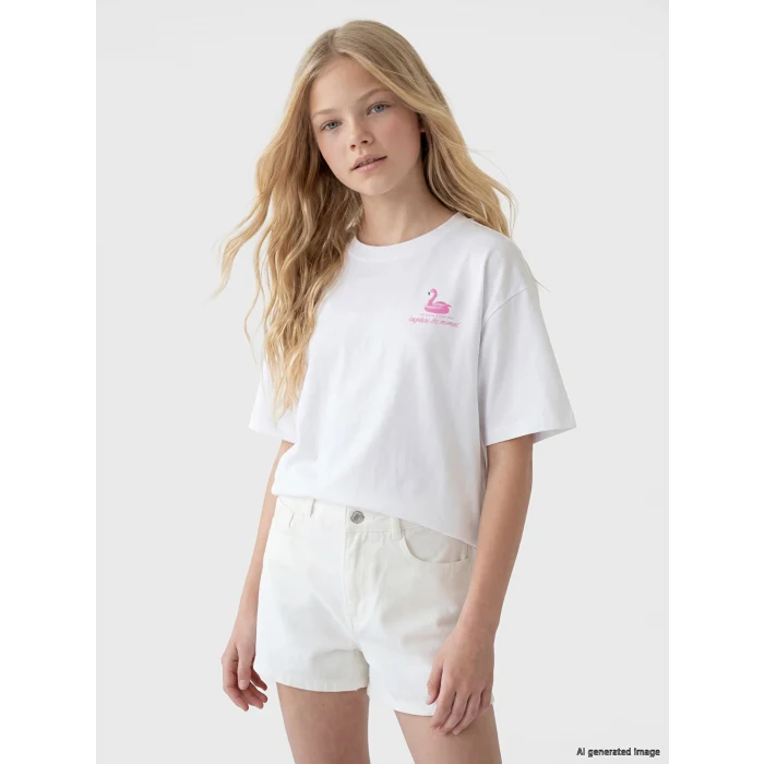 LCW Kids Beyaz Loose Fit Baskılı Kız Çocuk Tişört