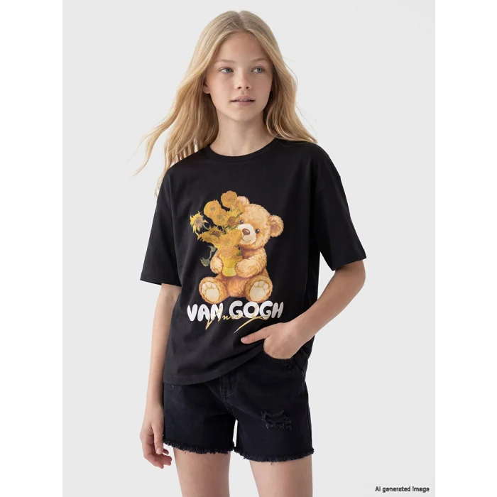 LCW Kids Gri Van Gogh Baskılı Bisiklet Yaka Kız Çocuk Tişört