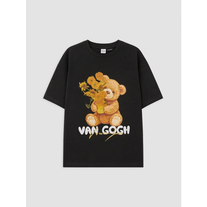 LCW Kids Gri Van Gogh Baskılı Bisiklet Yaka Kız Çocuk Tişört