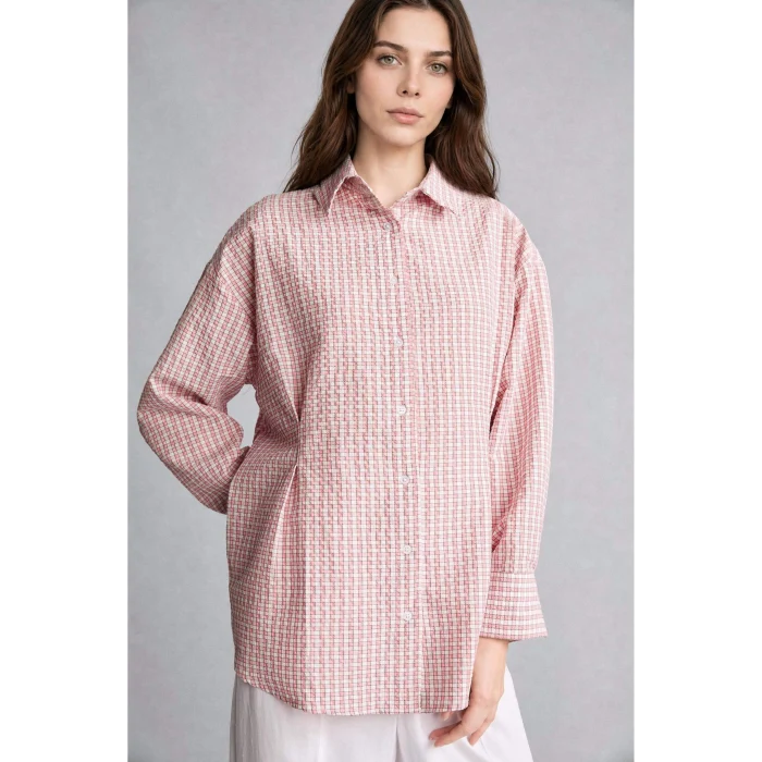 Defacto H9357AXPN634 Pembe Regular Fıt Kareli Kırışık Dokulu Kumaş Uzun Kollu Mercan Renk Tunik
