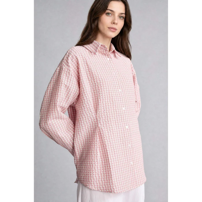 Defacto H9357AXPN634 Pembe Regular Fıt Kareli Kırışık Dokulu Kumaş Uzun Kollu Mercan Renk Tunik