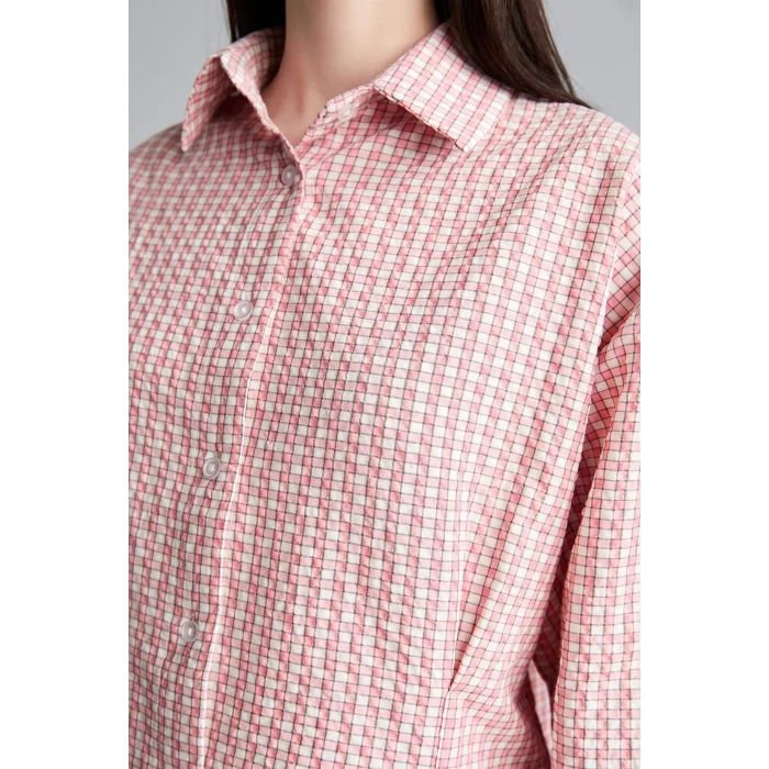 Defacto H9357AXPN634 Pembe Regular Fıt Kareli Kırışık Dokulu Kumaş Uzun Kollu Mercan Renk Tunik
