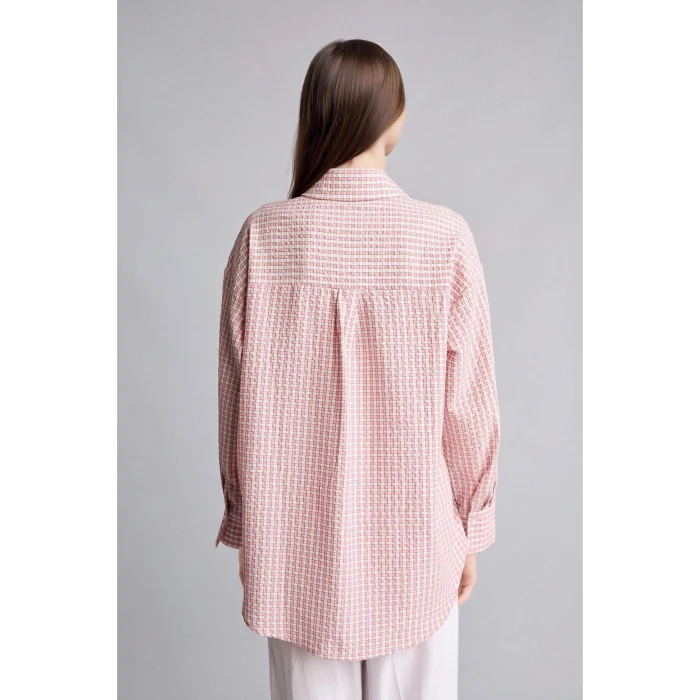 Defacto H9357AXPN634 Pembe Regular Fıt Kareli Kırışık Dokulu Kumaş Uzun Kollu Mercan Renk Tunik