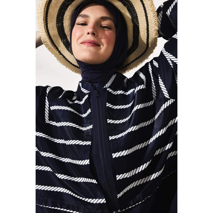 Defacto G7443AXNV31 Lacivert Regular Fıt Çizgili 4lü Burkini Mayo