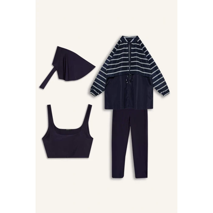 Defacto G7443AXNV31 Lacivert Regular Fıt Çizgili 4lü Burkini Mayo