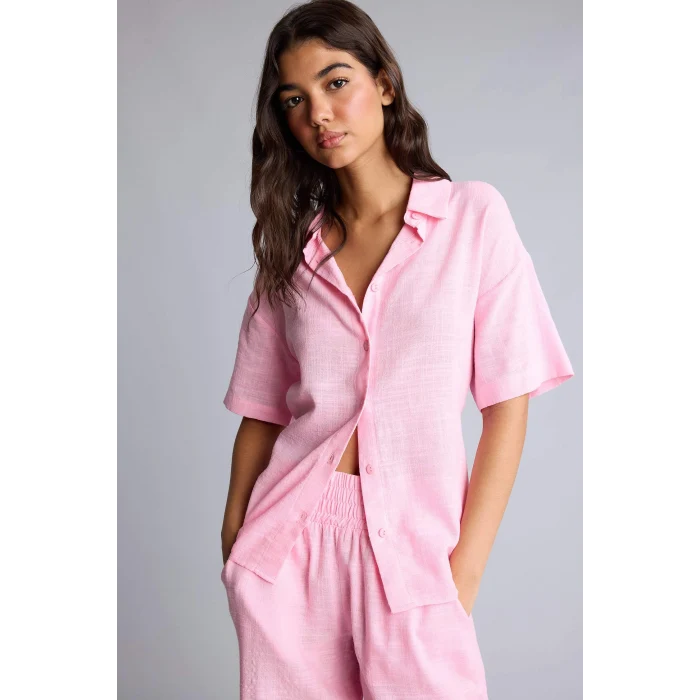 Defacto A9135AXPN253 Pembe Regular Fıt Gömlek Yaka Kısa Kollu Gömlek