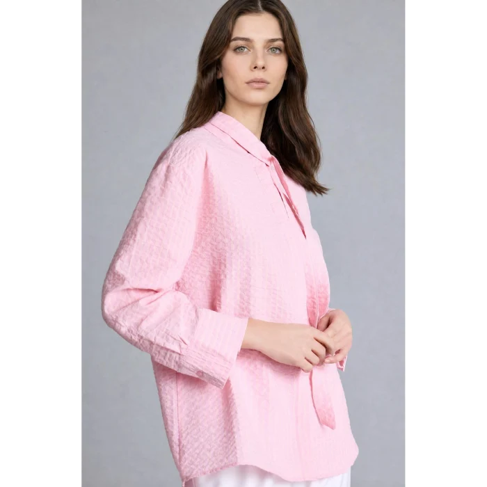 Defacto H8818AXPN648 Pembe Regular Fıt Çizgili Krinkıl Kumaş Uzun Kollu Açık Pembe Tunik
