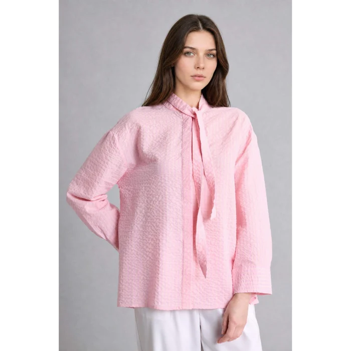 Defacto H8818AXPN648 Pembe Regular Fıt Çizgili Krinkıl Kumaş Uzun Kollu Açık Pembe Tunik