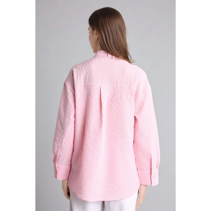 Defacto H8818AXPN648 Pembe Regular Fıt Çizgili Krinkıl Kumaş Uzun Kollu Açık Pembe Tunik
