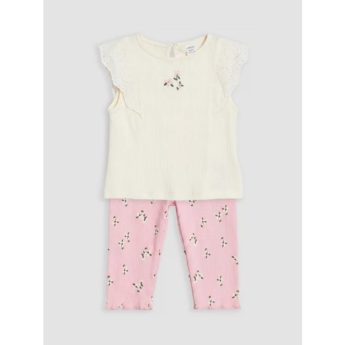 LCW baby Ekru Çiçek Desenli Kız Bebek Taytlı Takım