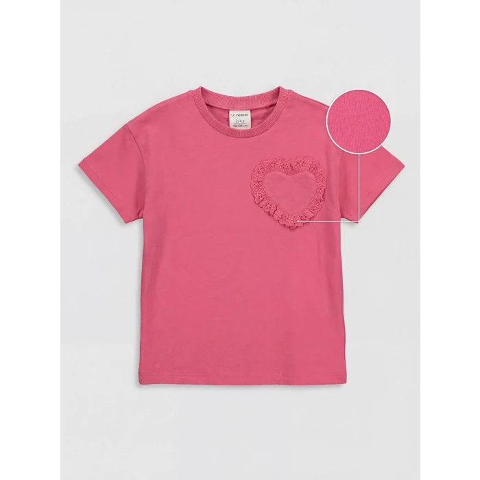 LCW Kids Fuşya Bisiklet Yaka Nakışlı Kız Çocuk Tişört