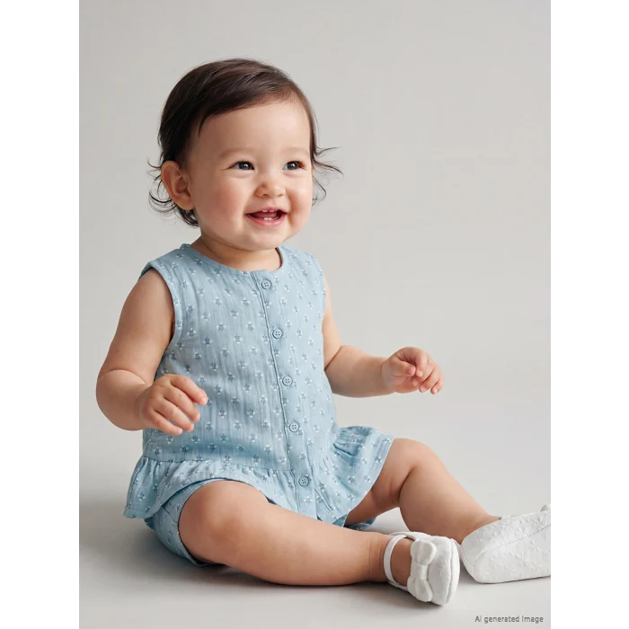 LCW baby Mavi Çiçekli Kız Bebek Müslin Gömlek ve Şort