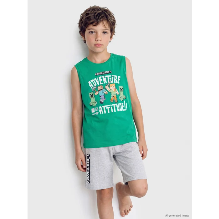 LCW Kids Yeşil Minecraft Baskılı Erkek Çocuk Şortlu Pijama Takımı